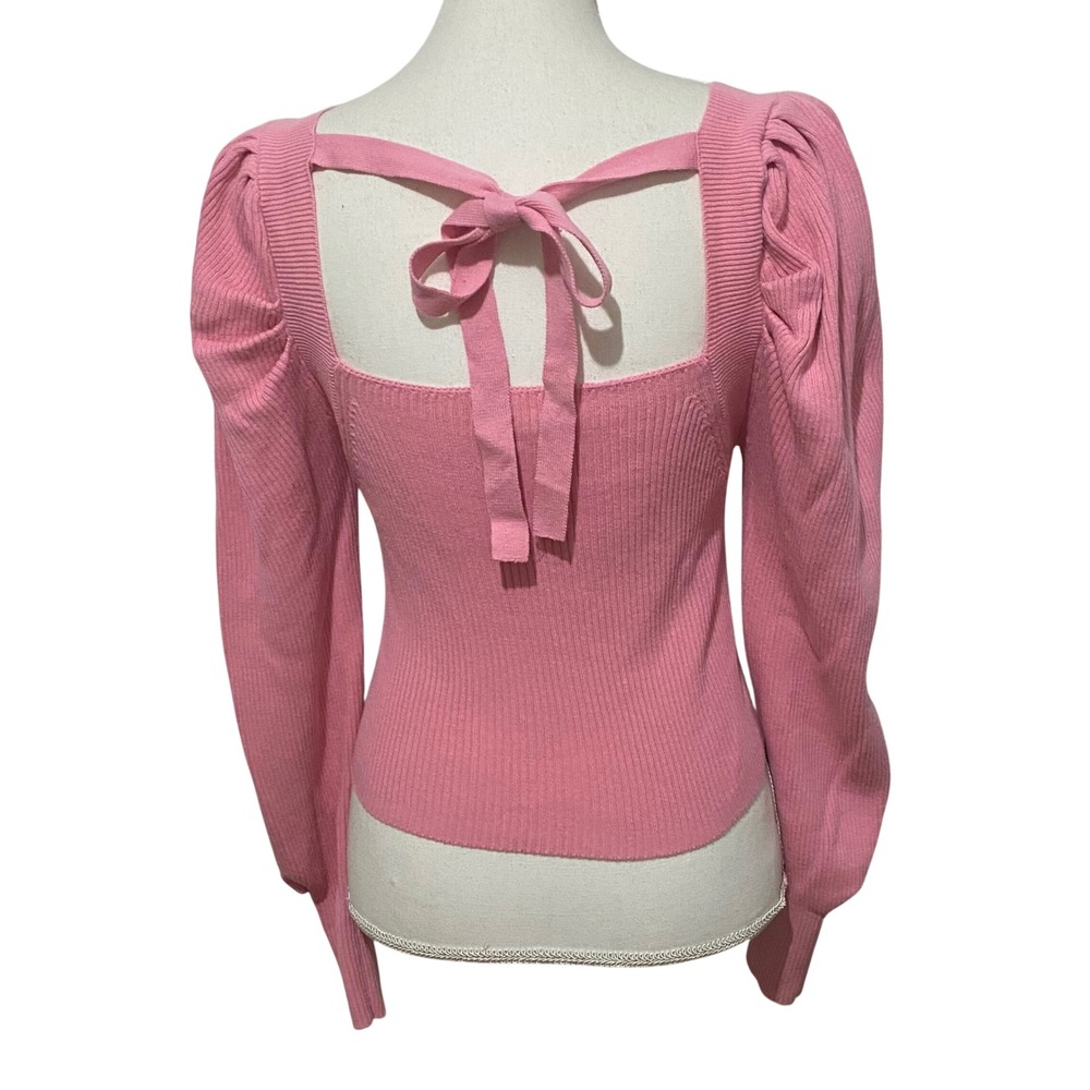 Pink Bow Crop Sweater S Balletcore Soft Girl‎ Romantic Square Neck Puff Sleeve - Picture 3 of 7